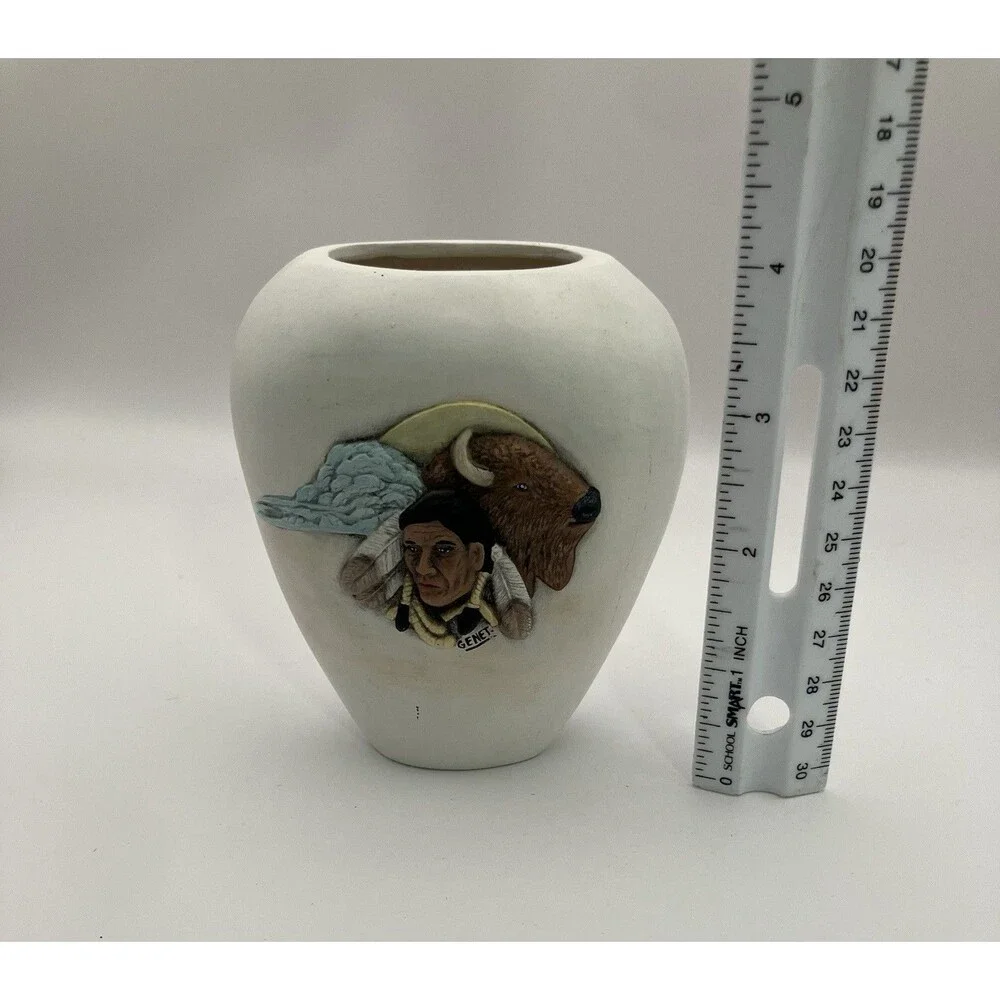 Native American Indigenous Themed Pottery Small Vase Signed Neutral Tone